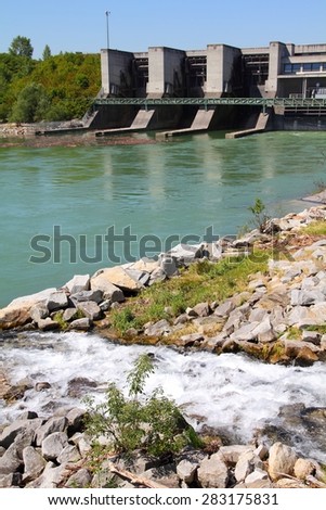 Hydro electric dam power plant on Traun river in Marchtrenk, Austria.
