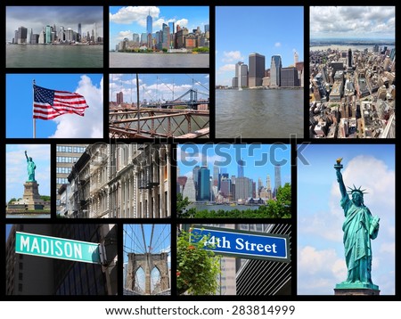 New York City travel collage - photo set with Statue of Liberty, Manhattan skyline and Brooklyn Bridge.