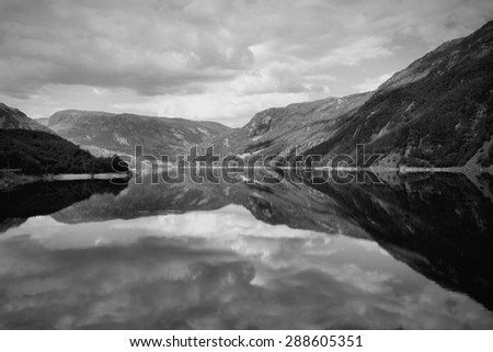Norway, Rogaland county. Lake Suldalsvatnet. Black and white vintage style.