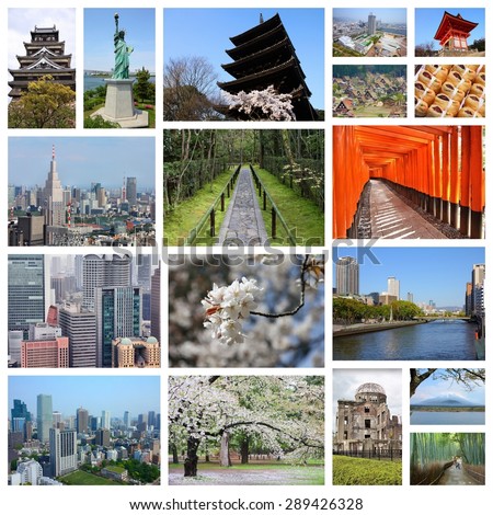 Japan travel photo collage. It includes major landmarks like Tokyo, Kyoto, Osaka, Hiroshima, Kobe and Hirosaki.