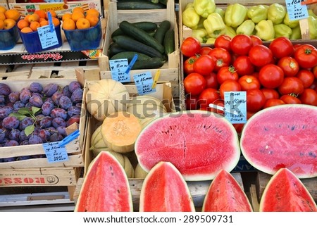 ZAGREB, CROATIA - JUNE 24, 2011: Fruit and vegetable prices at a local market in Croatia. In 2012 Croatia retail market amounted to 4.1 billion EUR annually.