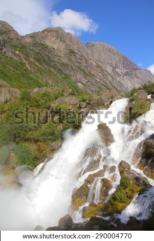 Norway nature - waterfall landscape. Jostedalsbreen National Park - Briksdalen Valley.