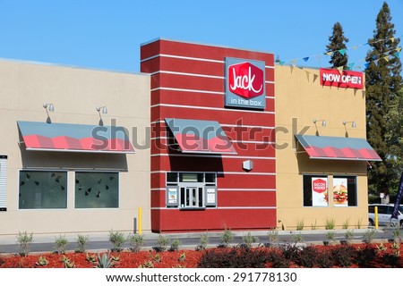 FRESNO, UNITED STATES - APRIL 12, 2014: Jack in the Box restaurant in Fresno, California. The fast food restaurant chain has 2,200 locations, mostly on West Coast.