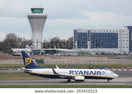 BIRMINGHAM, UK - APRIL 24, 2013: Pilots taxi Ryanair Boeing 737 at Birmingham Airport, UK. Ryanair carried 81.4 million passengers in 2013.