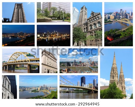 Pittsburgh, USA landmarks - travel photo collage with skylines, bridges, cathedral and university.