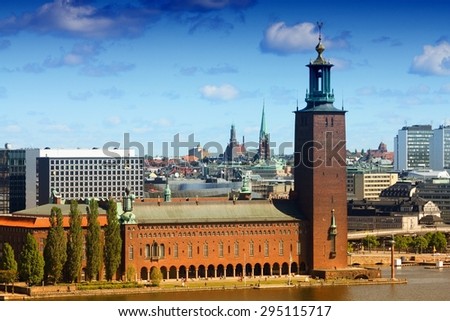 Stockholm, Sweden. Skyline of Kungsholmen island with famous City Hall. Filtered style.