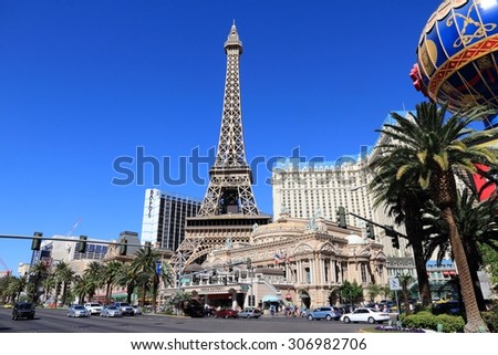 LAS VEGAS, USA - APRIL 14, 2014: People visit Paris Las Vegas casino hotel in Las Vegas. The hotel is among 30 largest hotels in the world with 2,916 rooms.