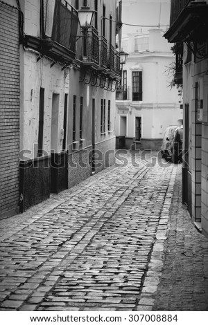 Old town street in Seville, Spain. Cobbled alley. Black and white tone.