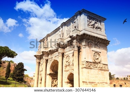 Italy - Rome. Famous triumphal arch - Arch of Constantine on Palatine Hill. Filtered color style.