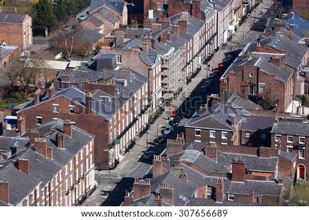 Liverpool - city in Merseyside county of North West England (UK). Aerial view of typical residential district.