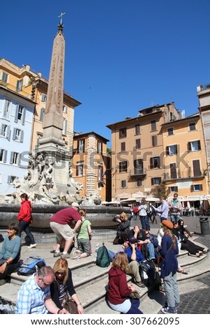 ROME, ITALY - APRIL 10, 2012: Tourists visit Piazza della Rotonda in Rome. According to Euromonitor, Rome is the 3rd most visited city in Europe (5.5m international tourist arrivals 2009)