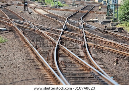 Railroad turnout point in Dusseldorf, Germany. Railway transportation infrastructure.