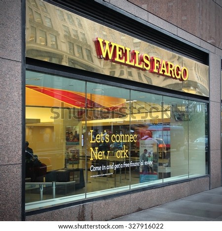 NEW YORK, USA - JUNE 10, 2013: Wells Fargo Bank branch in New York. Wells Fargo was the 23rd largest company in the United States in 2011 (by revenues).