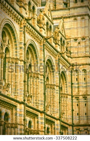 London, United Kingdom - architecture of Natural History Museum. Retro photo filtered style.