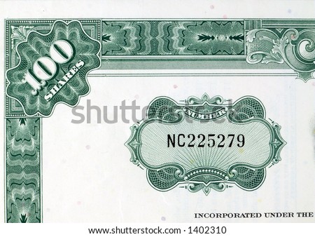 Green shares - stock certificate. Green share certificate of an American company - decorative, old document.