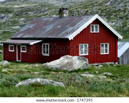 Traditional wooden holiday house. A holiday house in mountains. Norway, Scandinavia, Europe.