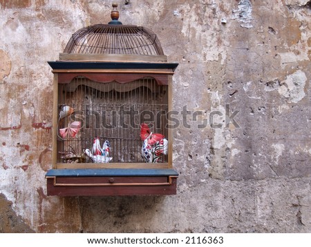 Vintage bird cage as a decoration outside old bookshop in Rome (Italy).