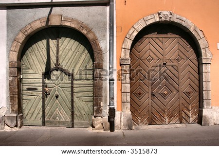 City sight - contrast between two doors in Budapest. Hungarian capital city old town.
