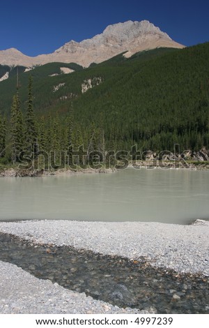 Kicking Horse River with muddy waters and smaller stream with clear water in Yoho National Park of Canada.