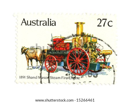 Collectible stamp from Australia. One with horse drawn steam fire engine.