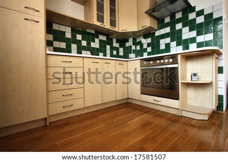 Kitchen Design Wood on Photo   Modern Kitchen   Interior Design  Wooden Floor  Green Tiles