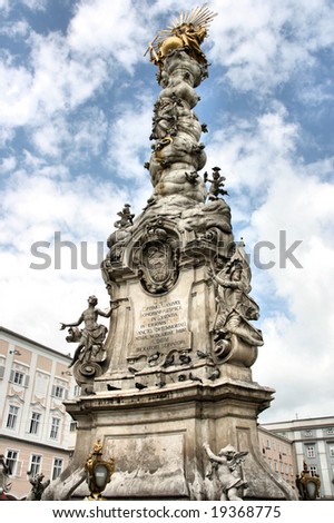 Famous landmark of Linz - Baroque Trinity Column (or Plague Column) in the middle of Hauptplatz (Main Square)