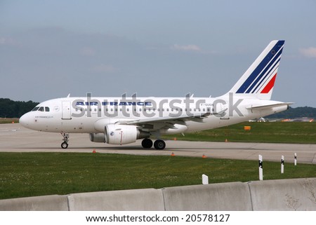 GENEVA - 16 AUGUST 2008: Airbus A318 jet aircraft operated by Air France is taxiing for departure at Geneva Coitrin International airport on August 16, 2008.