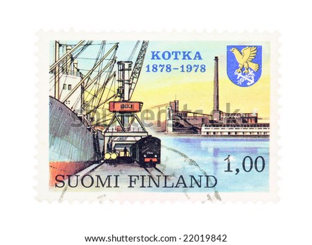 Collectible old stamp from Finland. Stamp with Kotka industrial harbor.