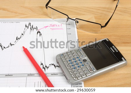 Stock market candle charts, smart phone, remarks with a red marker and glasses