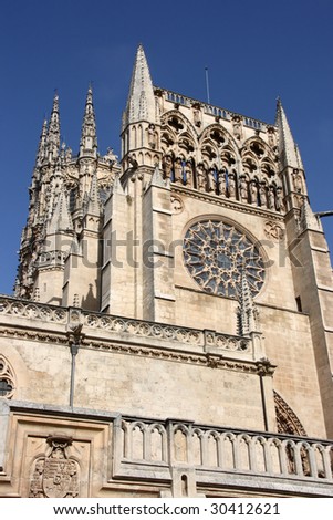 Tower of medieval cathedral in Burgos, Castilia, Spain. Old Catholic landmark listed on UNESCO World Heritage List.