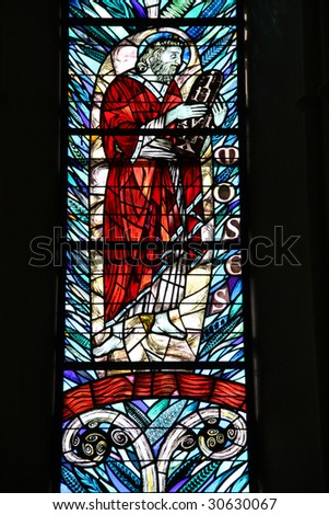 Moses - Biblical Hebrew religious leader, lawgiver, and prophet. Stained glass in Christchurch Anglican Cathedral. New Zealand.
