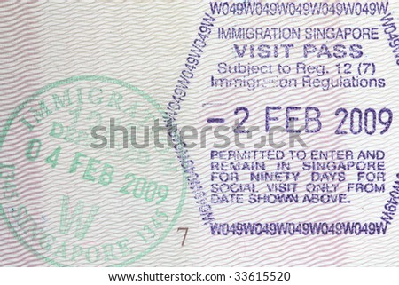 Singapore Passport Picture on Stamps From Singapore Border In A Polish Passport Stock Photo 33615520