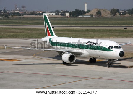 BOLOGNA - SEPT 19: Airbus A320 of Alitalia airline taxis at Bologna International Airport September 19, 2009 in Bologna. This is the new company operating Alitalia brand, which went bankrupt in 2008.