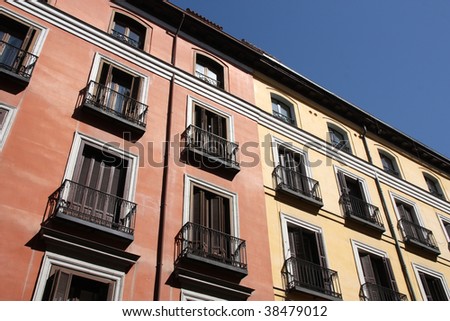 Mediterranean architecture in Spain. Old apartment buildings in Madrid.