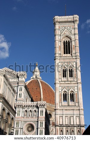 Famous Giotto\'s Campanile - bell tower of Florence cathedral. Architecture in Italy. UNESCO World Heritage Site.