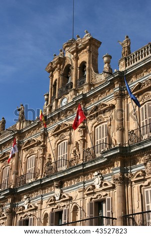 Architecture at Plaza Mayor - old town square in Salamanca, Castile, Spain
