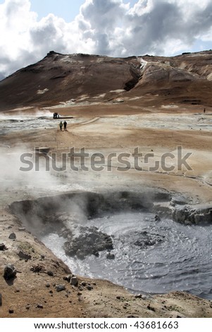 Namafjall, Hverir landscape in Iceland. Volcanic activity - boiling mud and sulphuric formations.