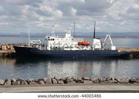 Anchored arctic research ship. Keflavik harbor in Iceland.