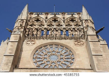 Tower of medieval cathedral in Burgos, Castilia, Spain. Old Catholic church listed on UNESCO World Heritage List.