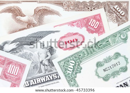 Corporate investing. Old stock share certificates from 1950s-1970s (United States). Vintage scripophily objects.
