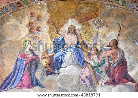 Mosaic depicting Ascension of Jesus Christ in Saint Mark\'s Basilica - cathedral church of Venice, Italy.