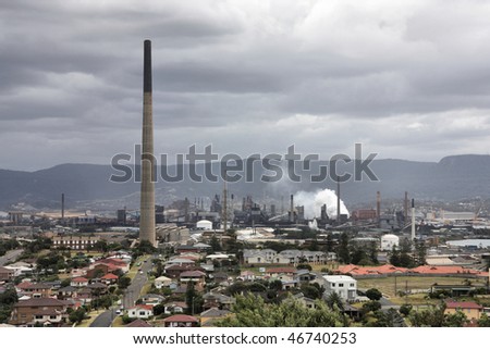 Wollongong, New South Wales, Australia. Industrial architecture. Factory chimneys, manufacturing facility.