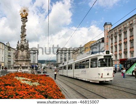 LINZ - AUGUST 5: Main Square view on August 5, 2008 in Linz, Austria. The 3 streetcar lines in Linz are crucial part of local public transport.