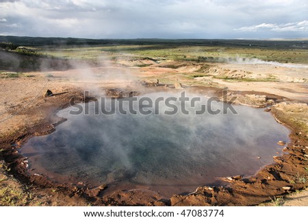 Geothermal activity near Geysir in Iceland. Colorful soil and steaming hot springs. Travel destination.