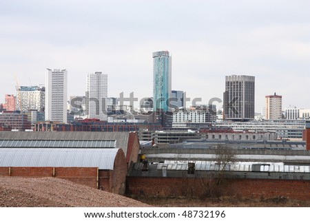 Birmingham cityscape with modern office buildings seen from Digbeth. West Midlands, England.