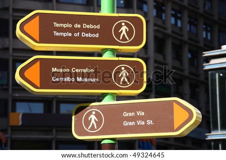 stock photo : Direction signs to popular landmarks in Madrid, Spain