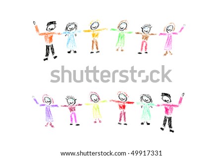 stock photo : Child drawing of colorful happy children holding hands made 
