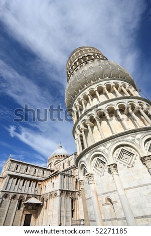 Leaning Tower and the famous cathedral of Pisa, Italy. Famous landmark, inscribed on UNESCO World Heritage List.