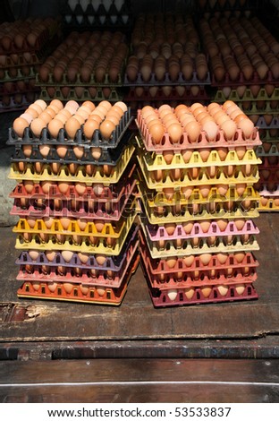 Eggs wholesale at a marketplace in Bangkok, Thailand. Colorful egg trays.