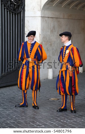 VATICAN - MAY 11: Famous Swiss Guard on May 11, 2010 in Vatican. The Papal Guard with 110 men probably is the world\'s smallest army.